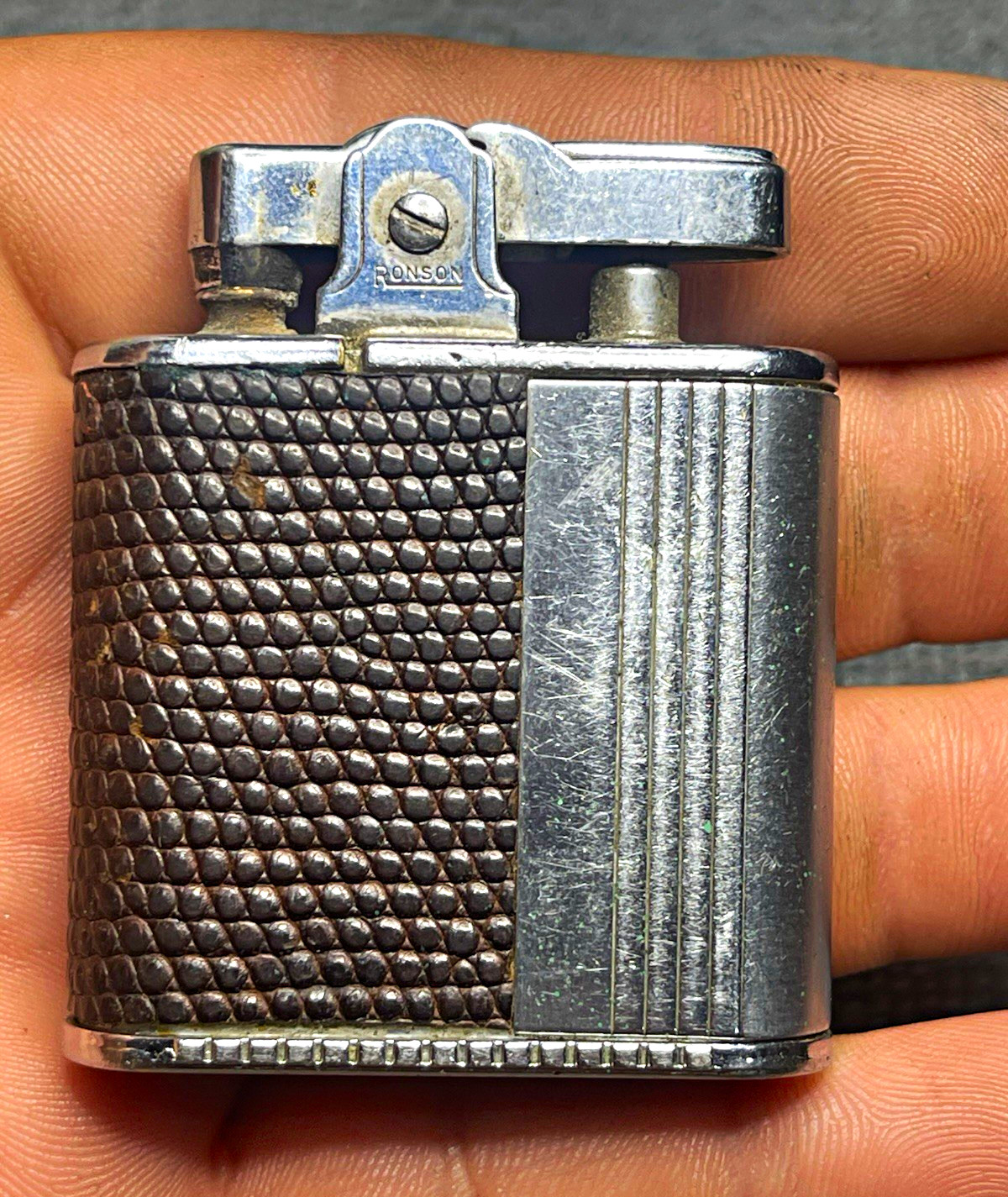 Ronson Vintage Pocket Lighter Newark U.S.A. Silver Tone Faux Lizard Wrap