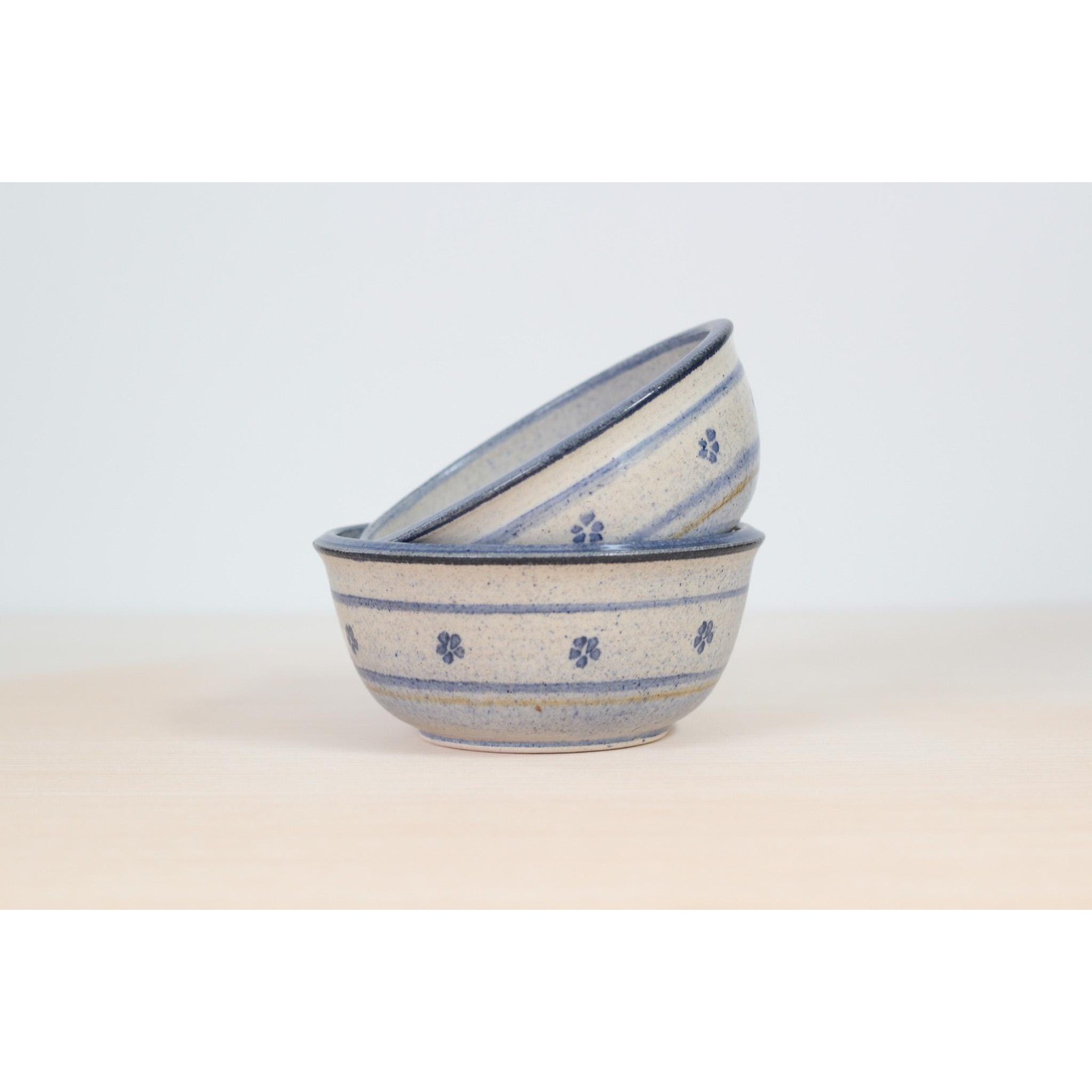 Vintage Blue Floral Studio Pottery Bowls Signed by Artist, Set of 2