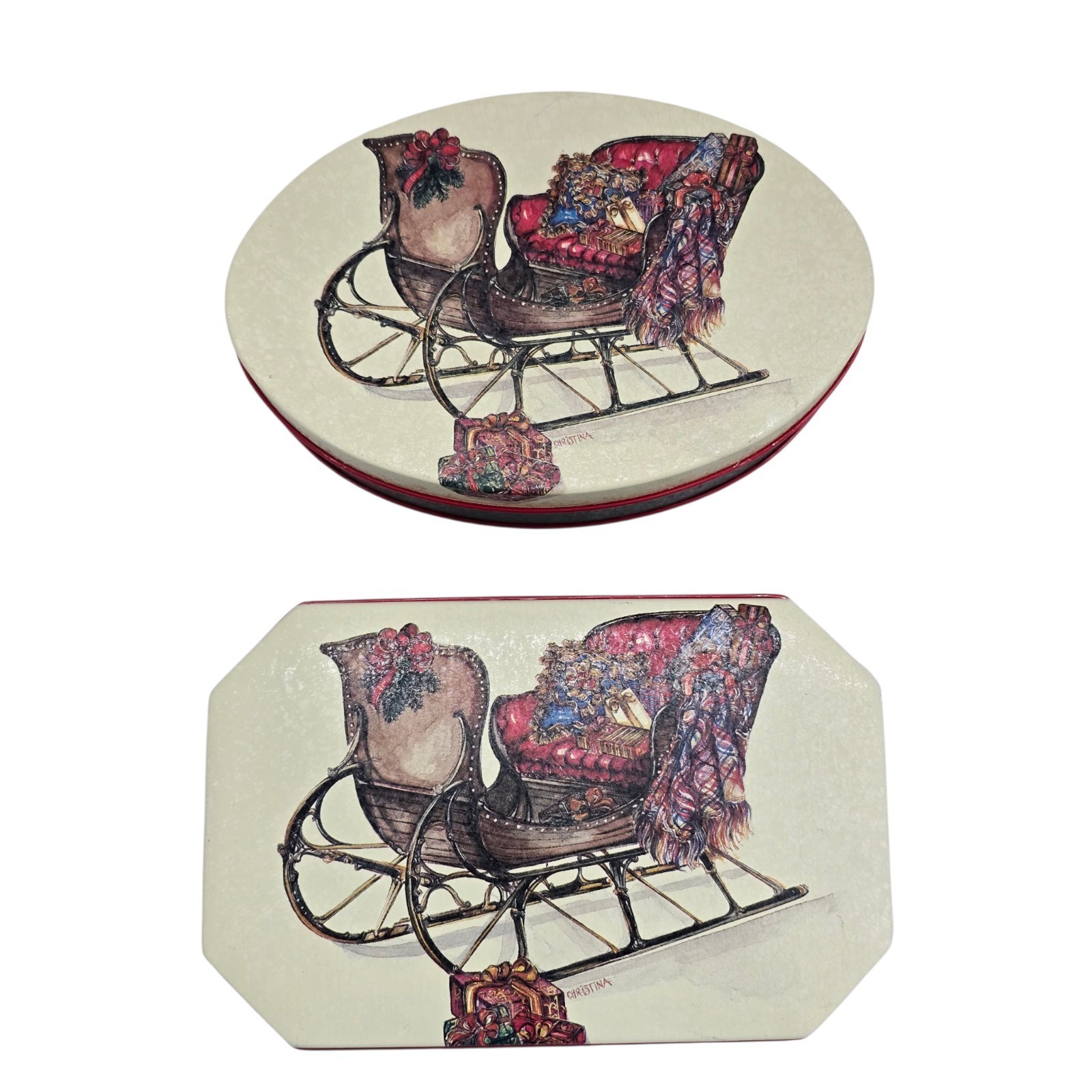 Vintage 1992 Potpourri Press Christina Sleigh Tin Set of 2 Oval Octagonal