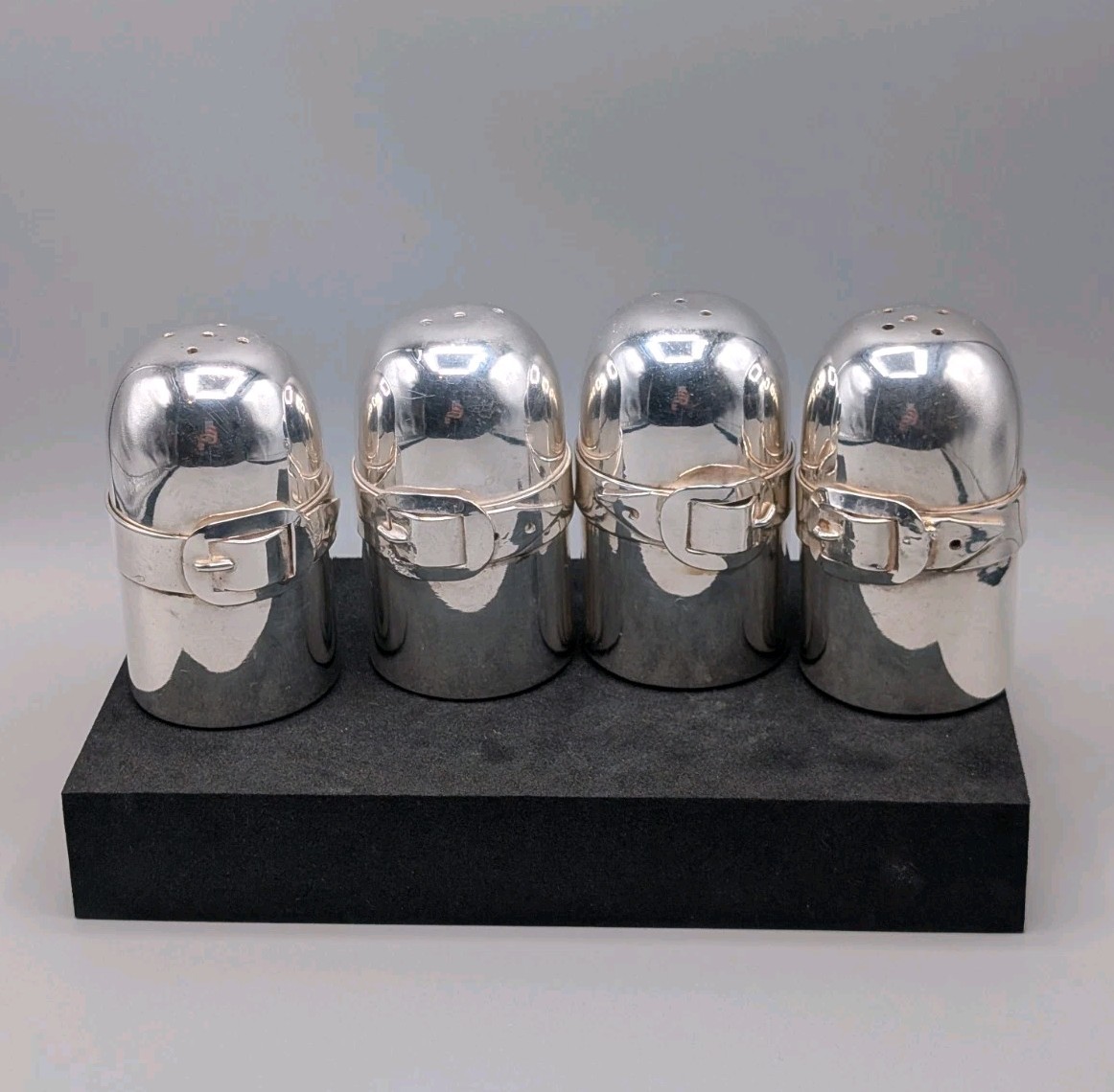 Set of 4 Vintage Silver Plated Belt Buckle Salt & Pepper Shakers Plastic Liners