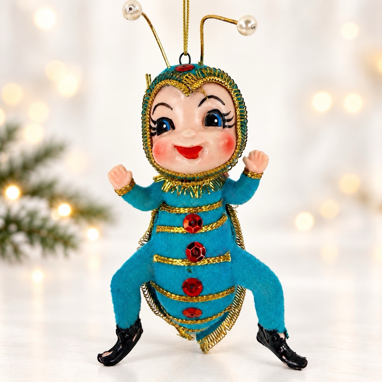 Vtg  Blue Anthropomorphic Pixie Bug Christmas Ornament Flocked Gold Trim Kitschy