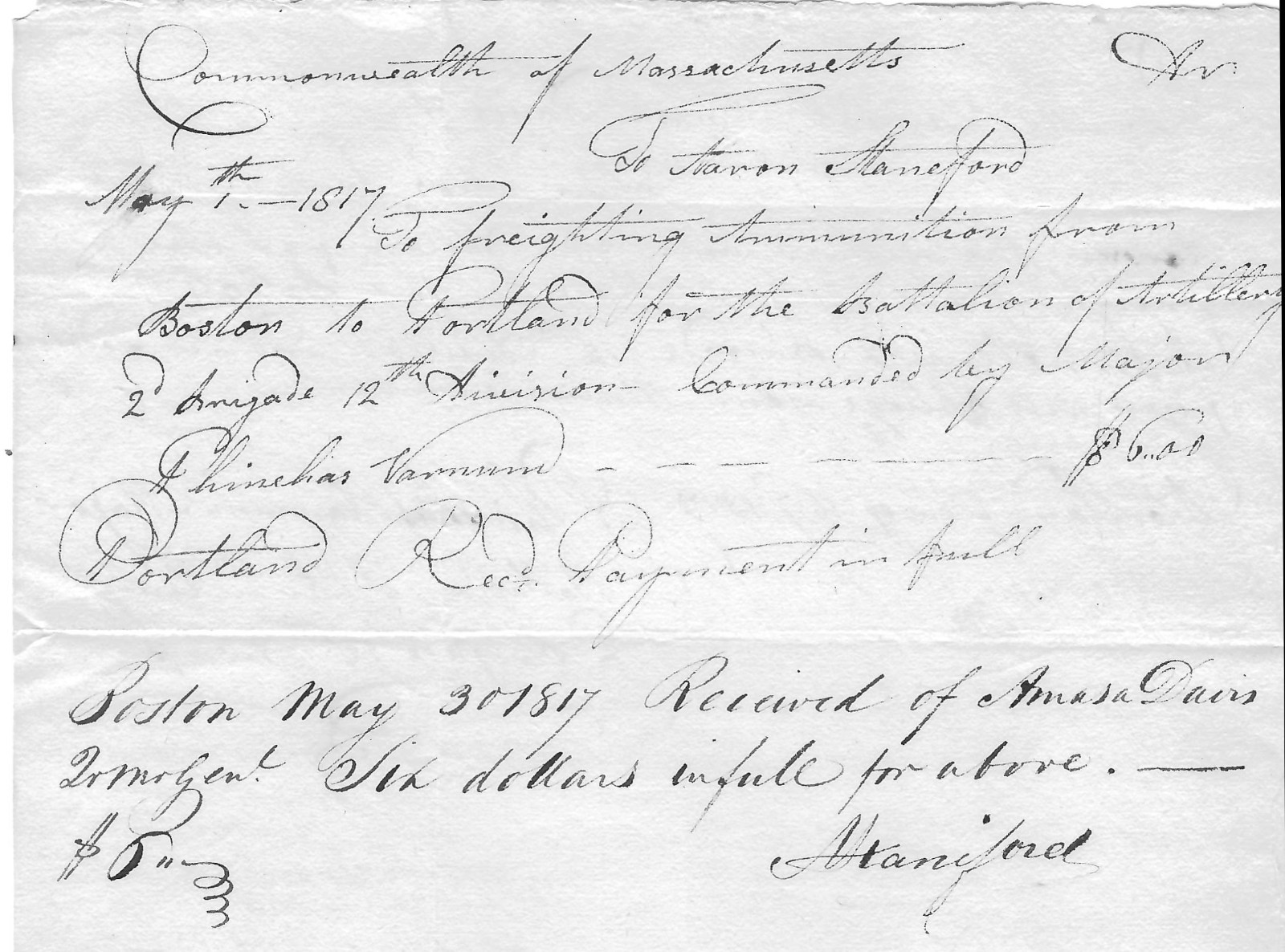Boston Tea Party Participant Makes Payment For Ammunition Freight In 1817