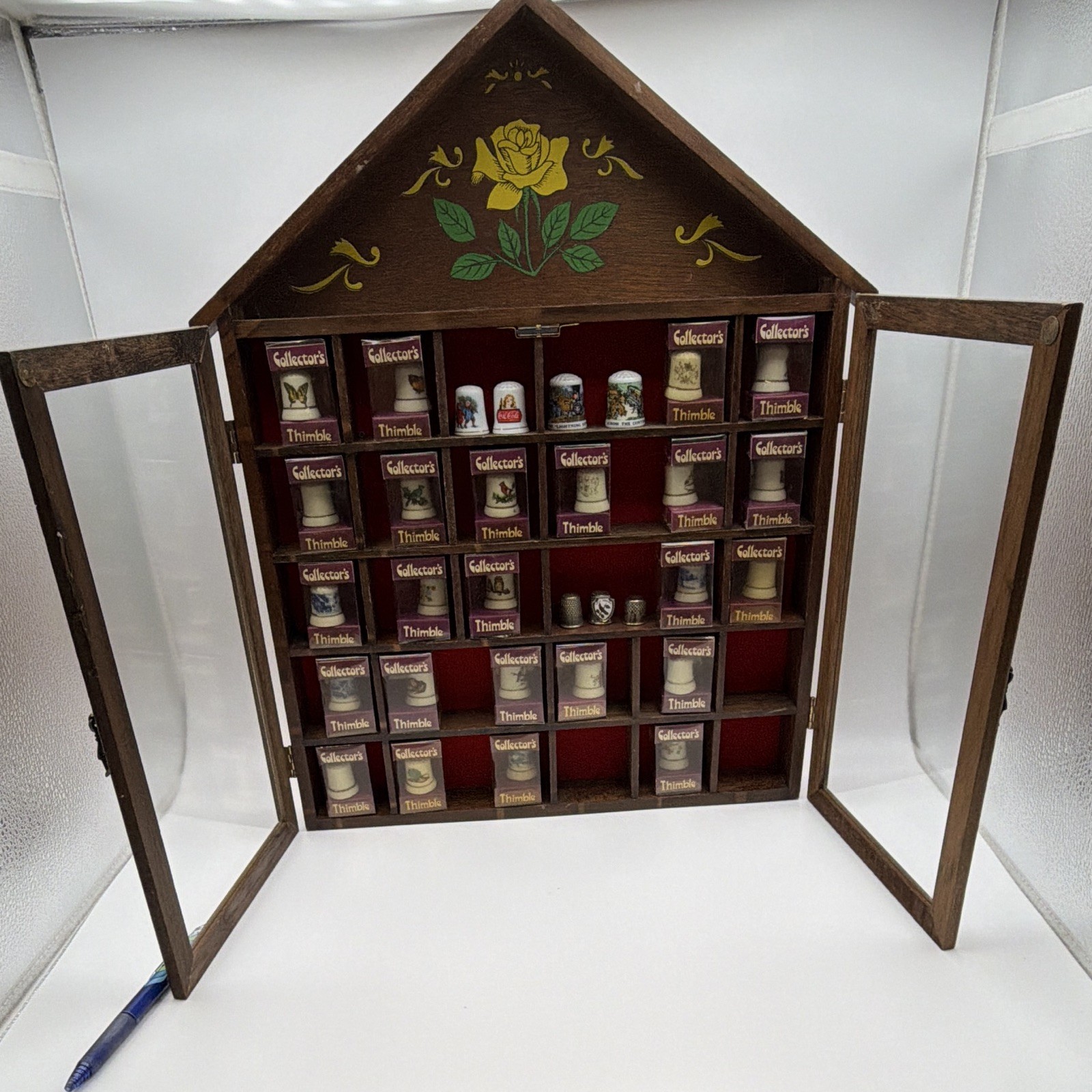 Vintage ENESCO original house-shaped wood Thimble Display Cabinet w 31 Thimbles