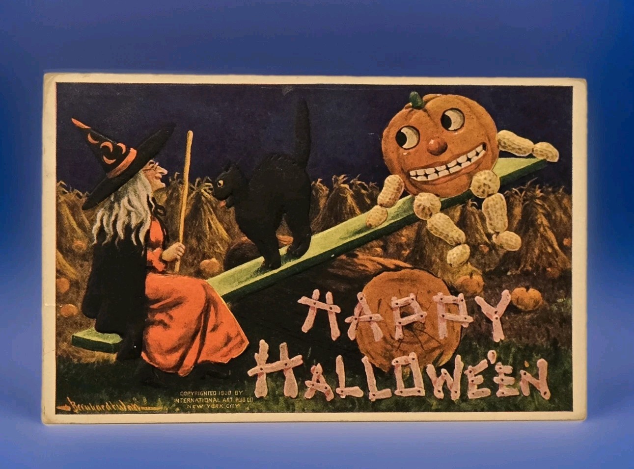 A/S Wall Halloween Postcard Jack O' Lantern & Witch Tee-er-Totter 1908 Black Cat