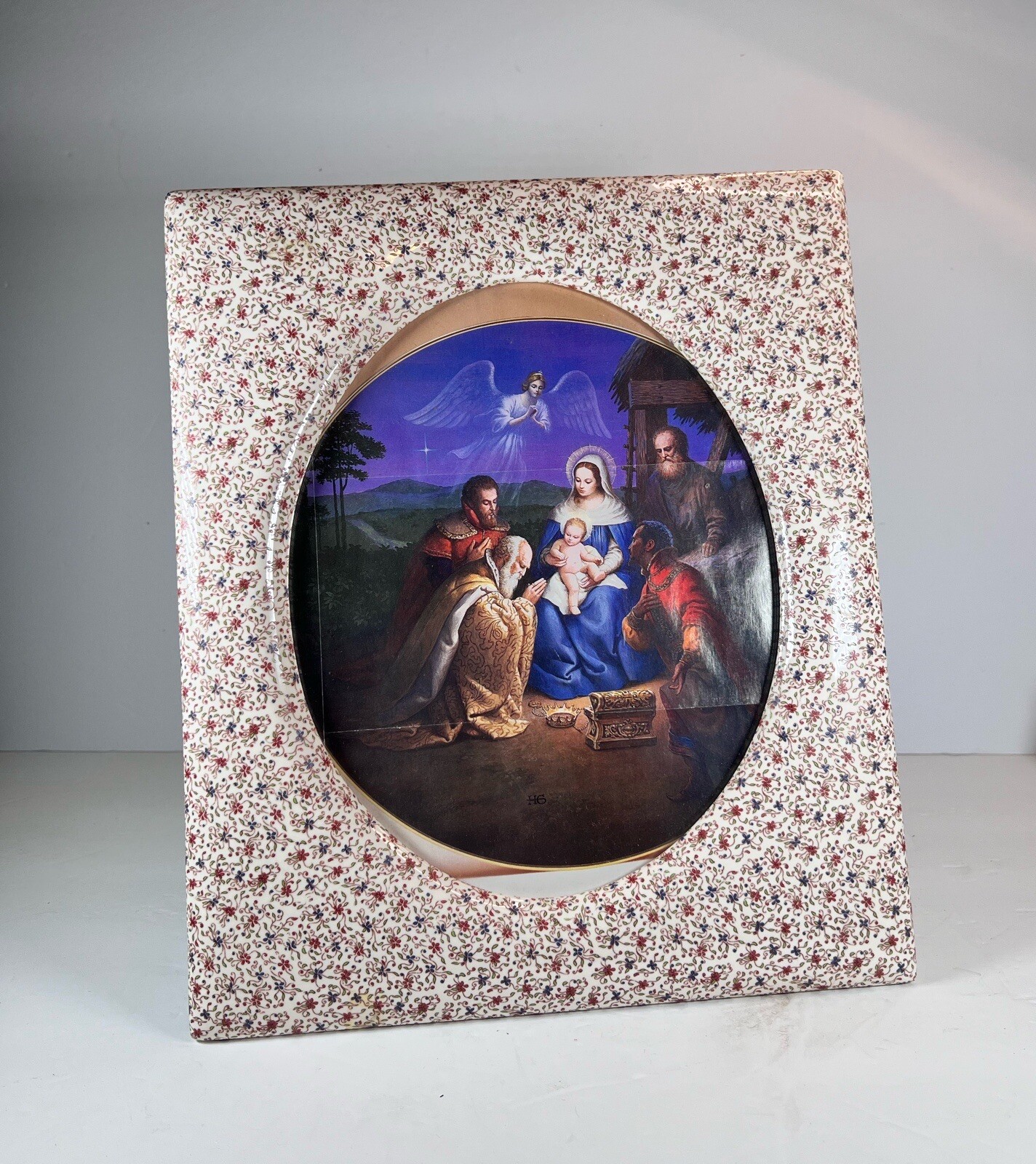 Vintage Ceramic Rectangular Frame Burgundy & Navy Blue Floral Oval 8X10 Photo