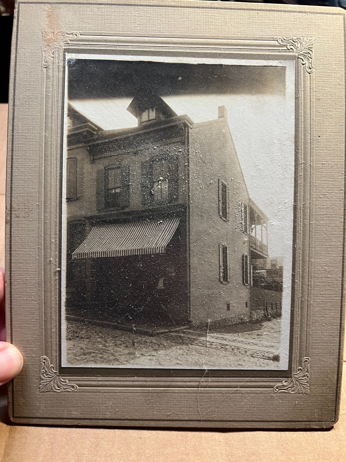 1800s Vintage Cobble Stone Street Grocery Store w/ Striped Awning & Owners 1800s Vintage Cobble Stone Street Grocery Store w/ Striped Awning & Owners