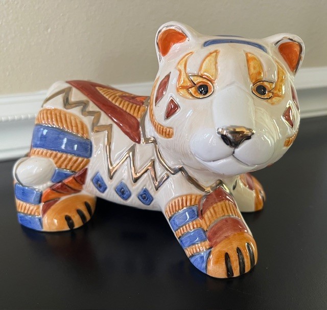 Vintage Artesania Rinconada Style Gold Tiger Ceramic Coin Bank Figurine