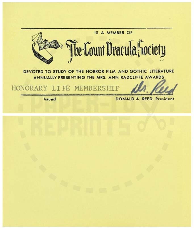 THE COUNT DRACULA SOCIETY CLUB MEMBERSHIP CARD - VINTAGE REPRINT