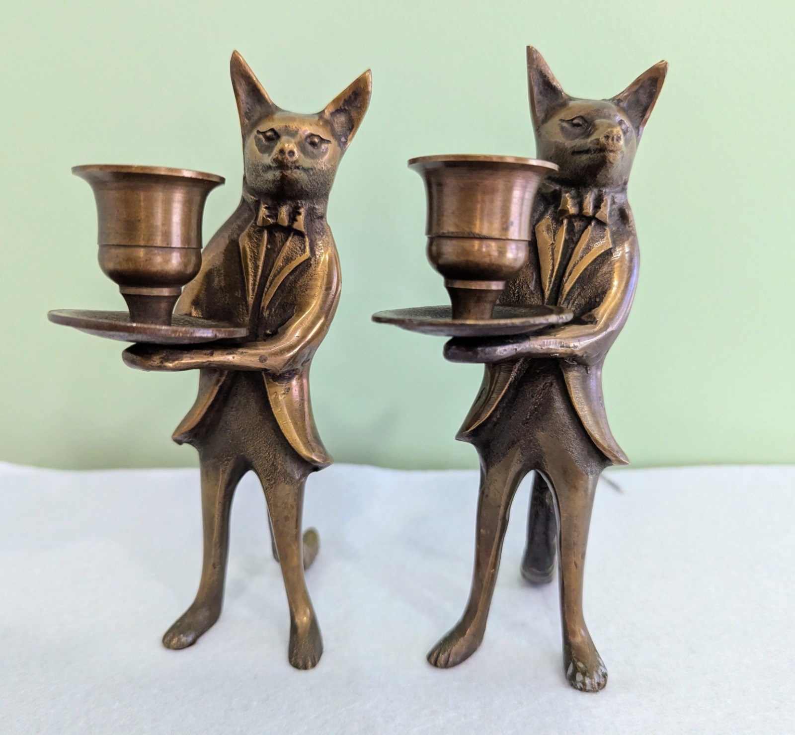 Vintage Brass Fox Butler Candle Holders Pair Anthropomorphic  Figural Statue 