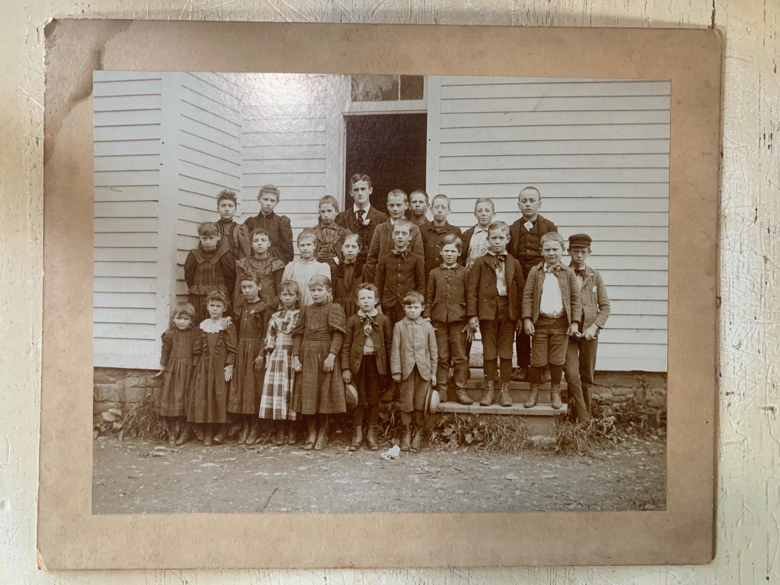 Antique c1910 Rural School Class Photo Students Teacher One Room Schoolhouse