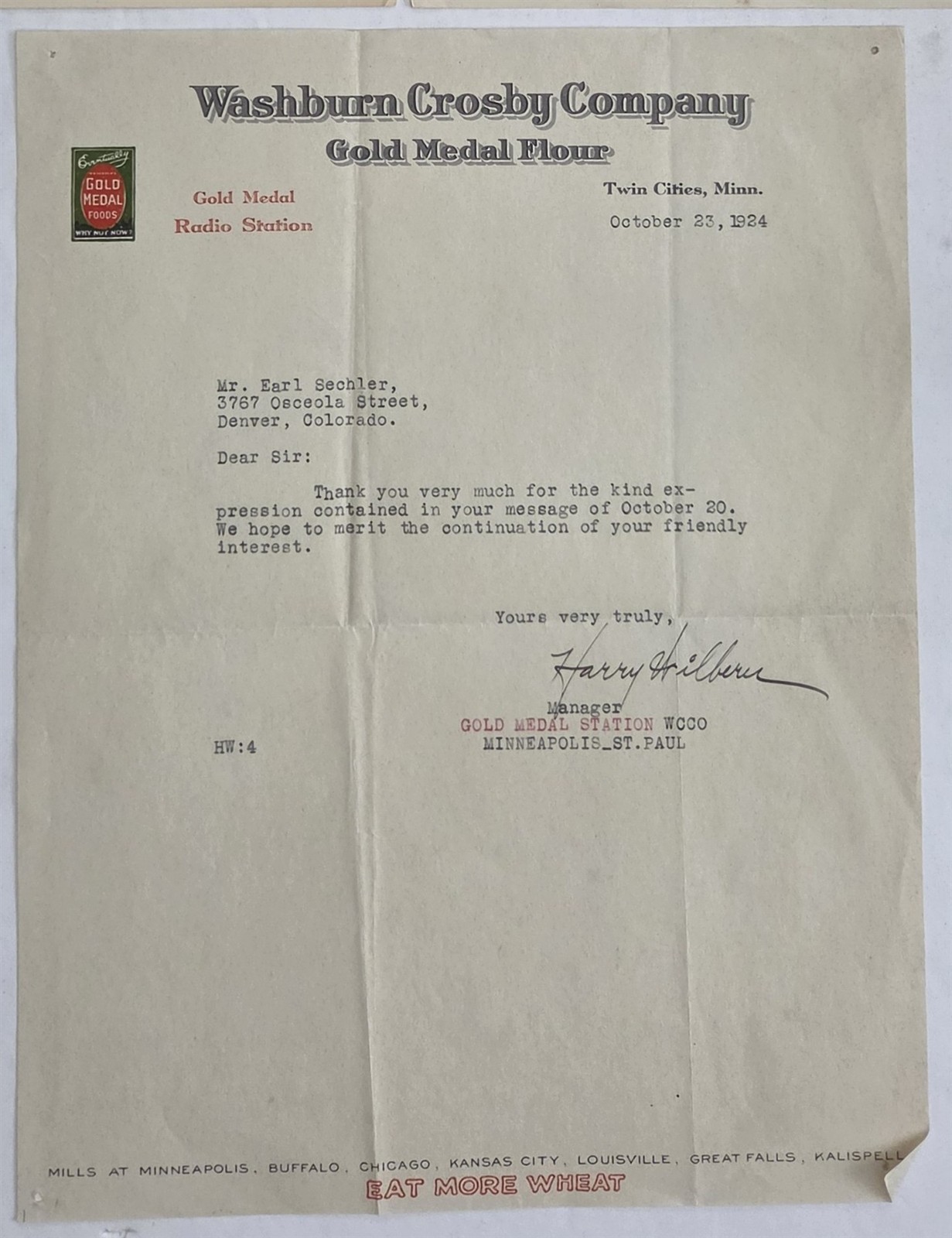 1924 antique WASHBURN CROSBY GOLD MEDAL FLOUR twin cities mn LETTERHEAD WCCO RAD