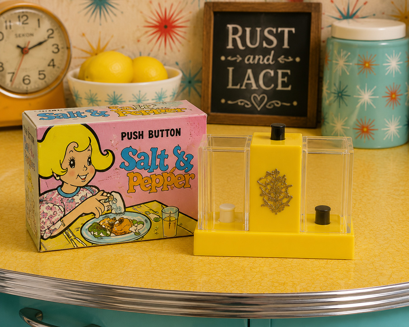 VTG YELLOW Push Button Salt & Pepper Dispenser Shaker New Old Store Stock MCM