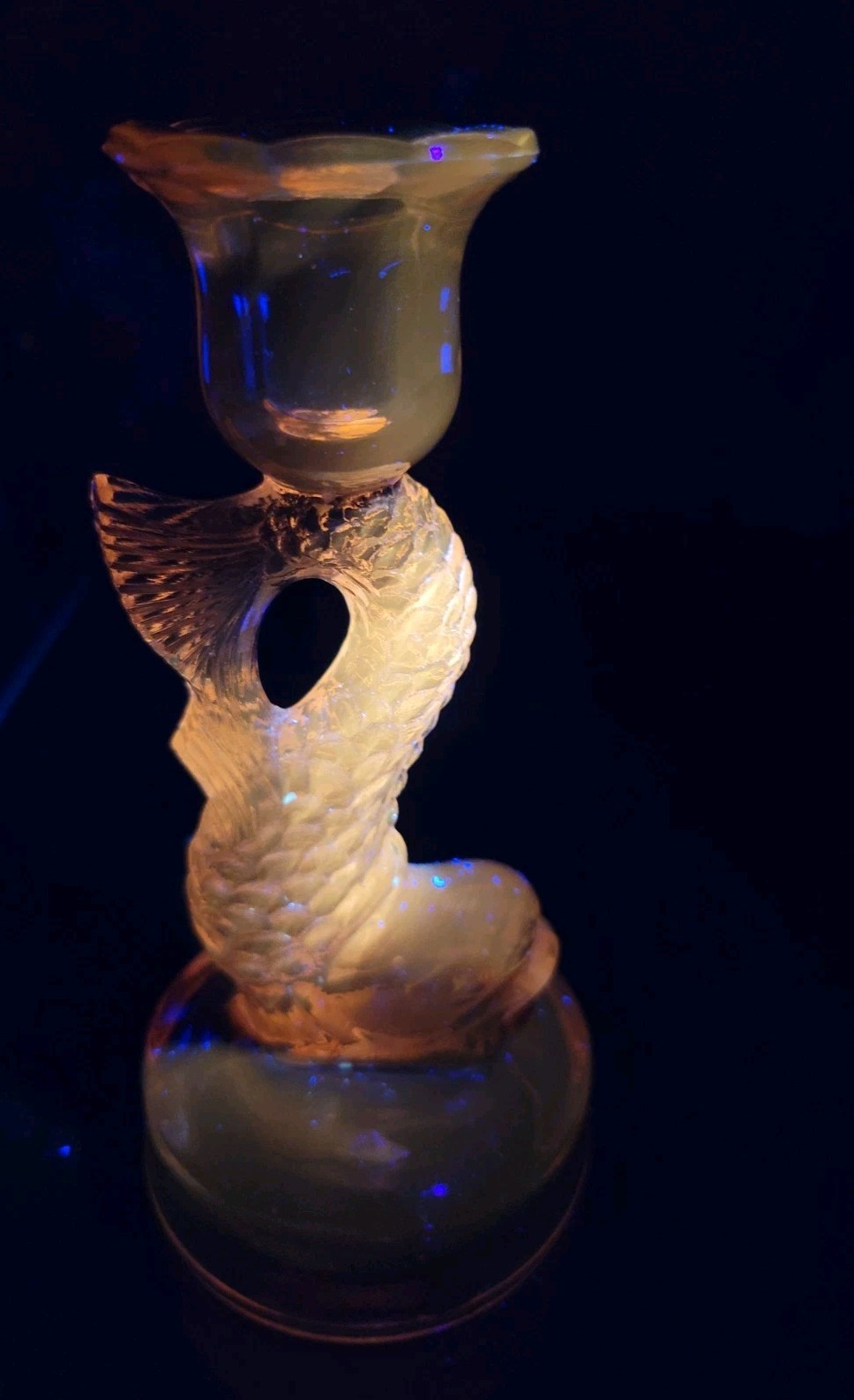 Vintage Tiffin Pink Rose Depression Glass Dolphin Koi Fish Candlestick Holder
