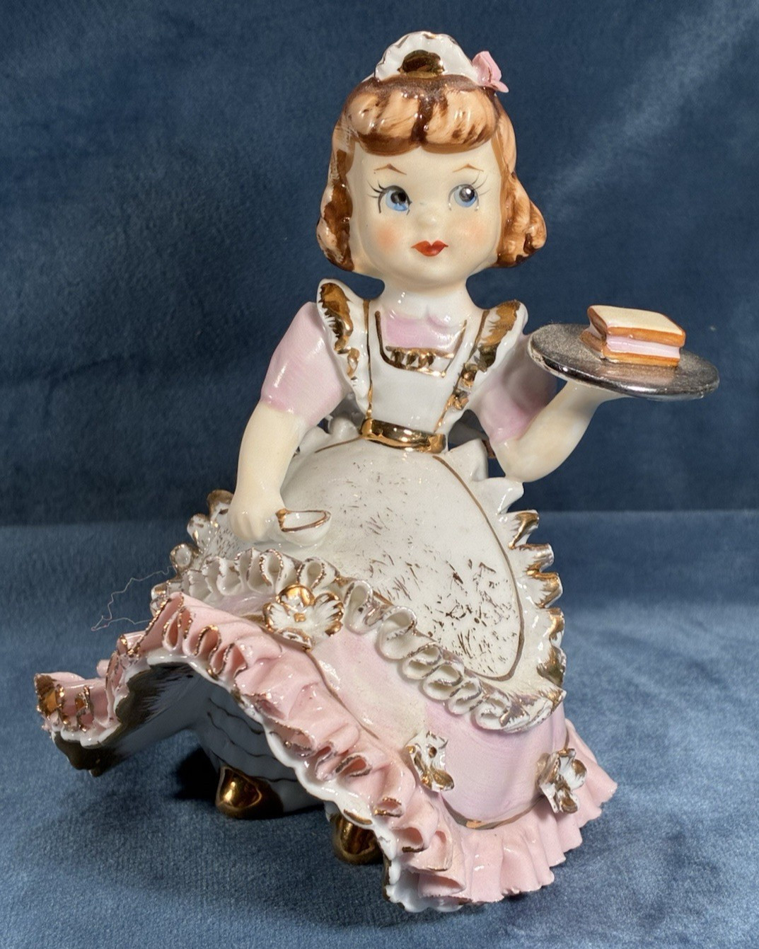 Vintage Lefton Waitress Bloomer Girl Figurine Gold Trim 1950's Rare