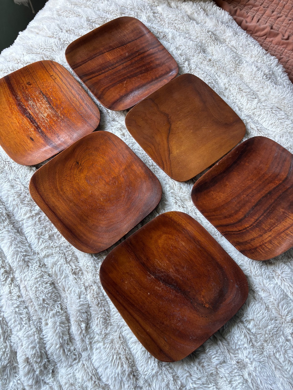Vintage Set Of 6 Blair Hawaiian Koa Wood Plates, All Signed By Blair 8\