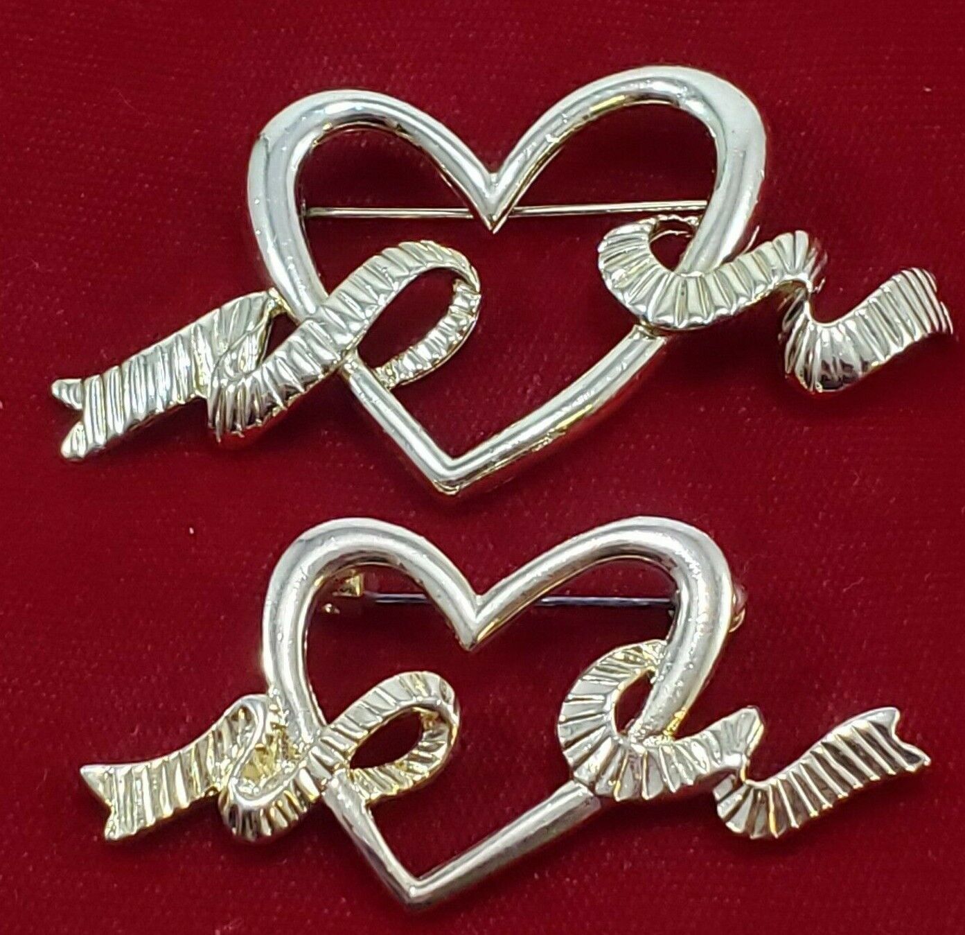 Valentine\'s Heart Brooch Pin Lot Gold Tone Mom & Daughter Size Ribbon Unique 