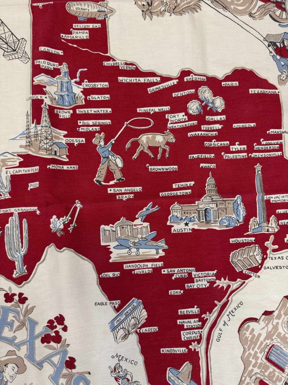 Vintage Texas State Souvenir Map Tablecloth Cotton Landmarks 1940s-1950s