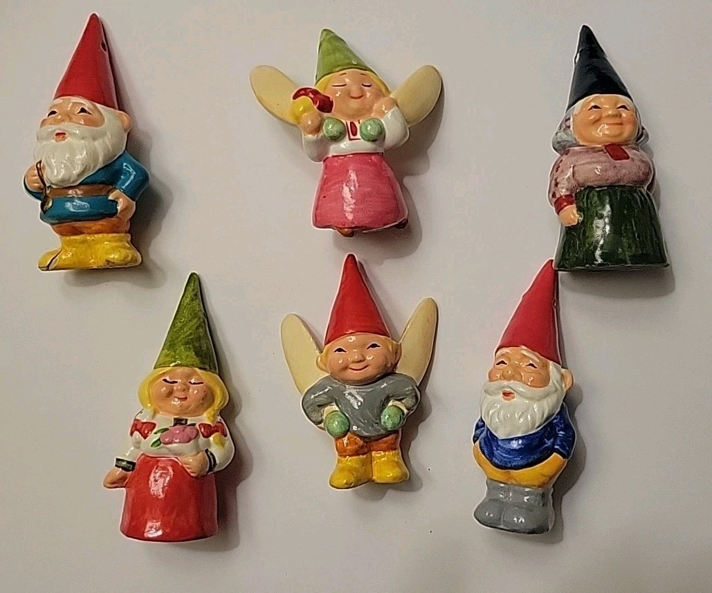 Vintage 1970\'s Uniebock Ceramic Gnome Fairycore Ornaments Set of 6 Cottagecore 