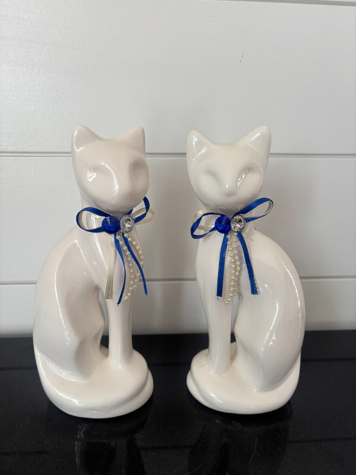 Vintage Cat Pair MCM White Ceramic 8”H Blue Rhinestone Ribbon Collector