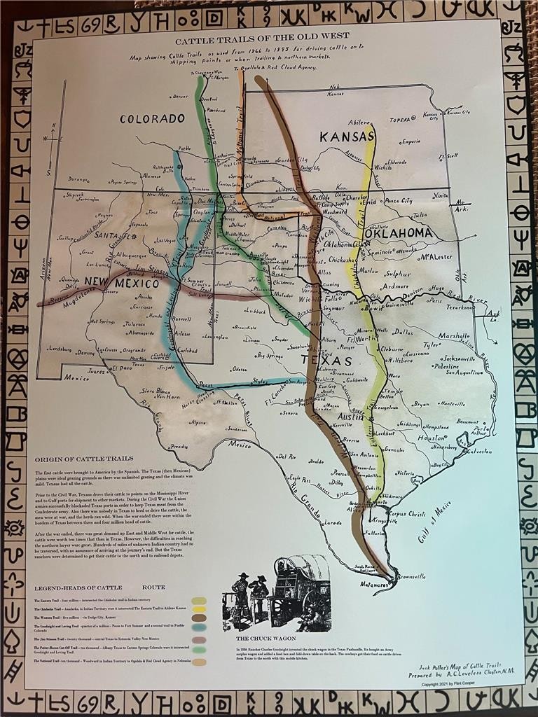 Cattle Trails of the Old West Map, Chuck Wagon, Cattle Brands, Texas New Mexico