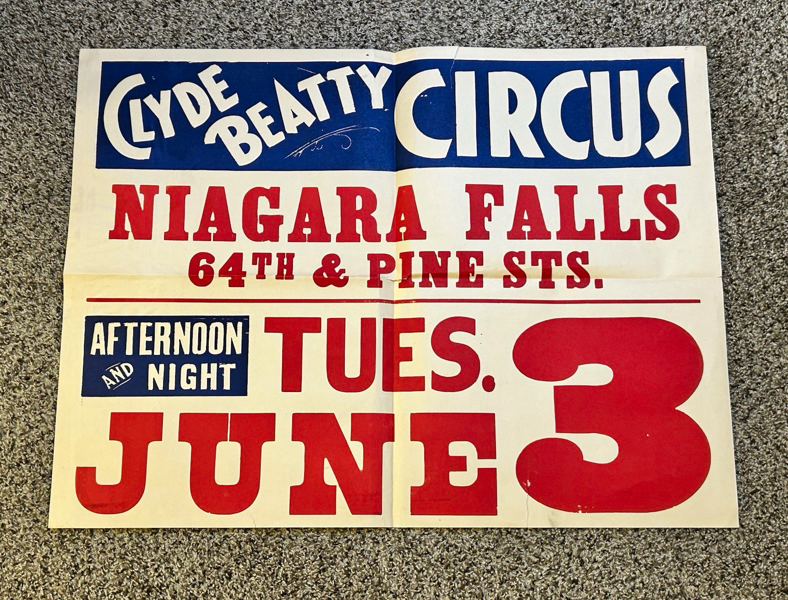 Vintage 1952 Clyde Beatty Circus Poster Window Card Niagara Falls NY 28x22