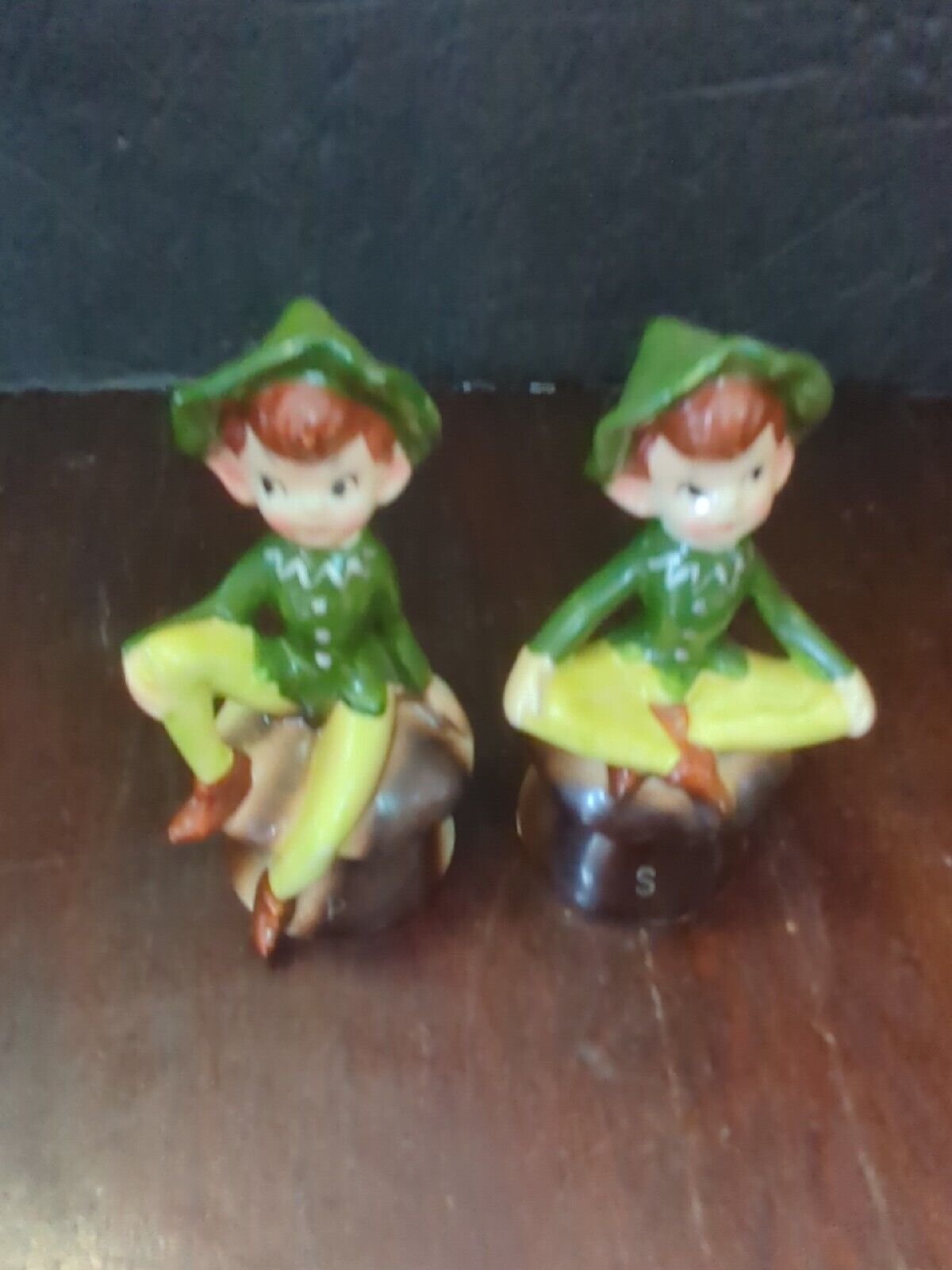 Vintage 1950\'s Enesco Pixie Elves Sitting on Mushrooms Salt and Pepper Shakers