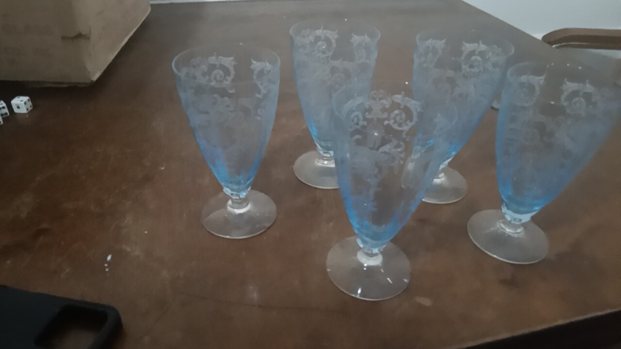 Fostoria Versailles Azure Blue Crystal Parfait Tumbler Glasses- Set of 5 Fostoria Versailles Azure Blue Crystal Parfait Tumbler Glasses- Set of 5