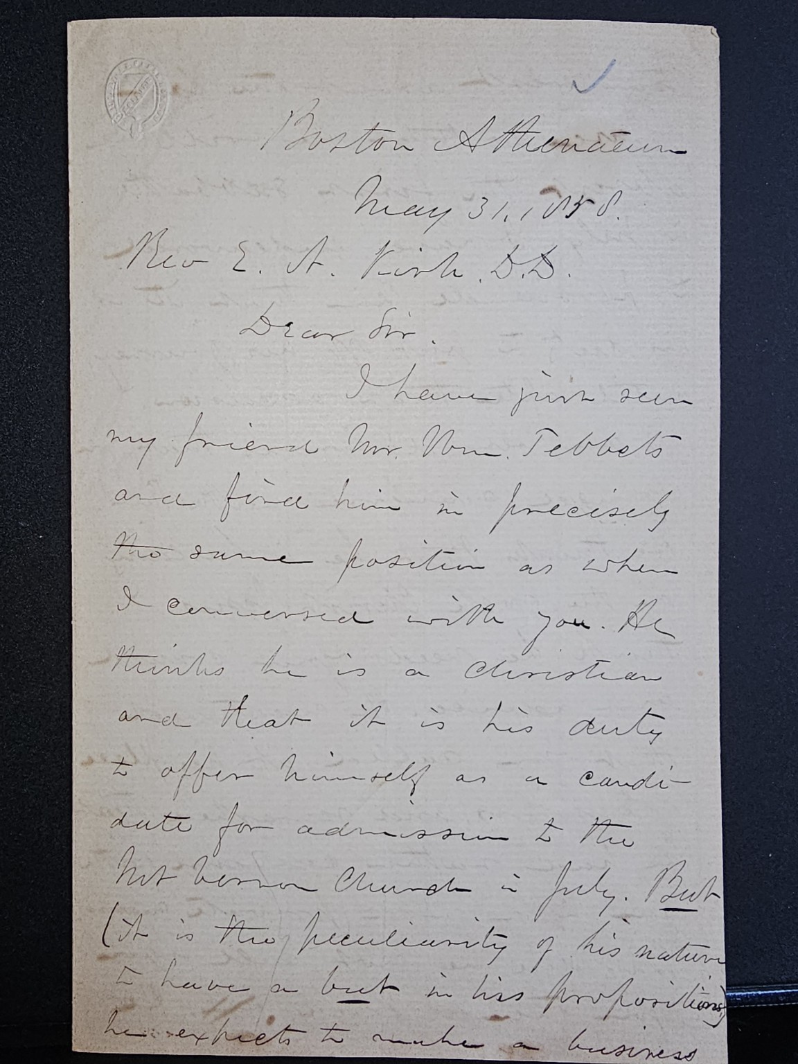 1858 Transcendentalist Era Boston Athenaeum ALS Wm F Poole re Wm C Tebbetts