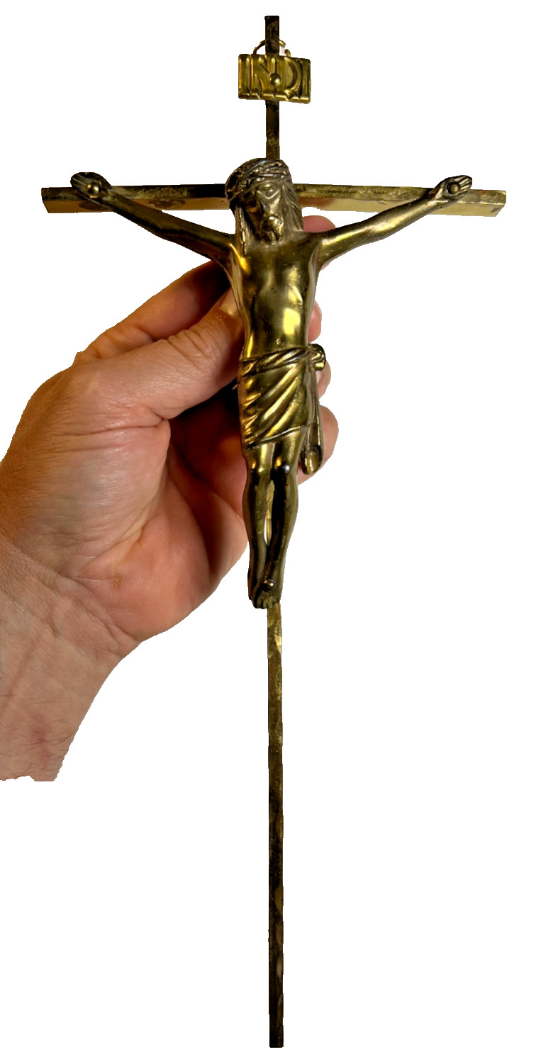 Vintage Antique c1950s Metal Brass Crucifix INRI Jesus Wall Cross 11.75
