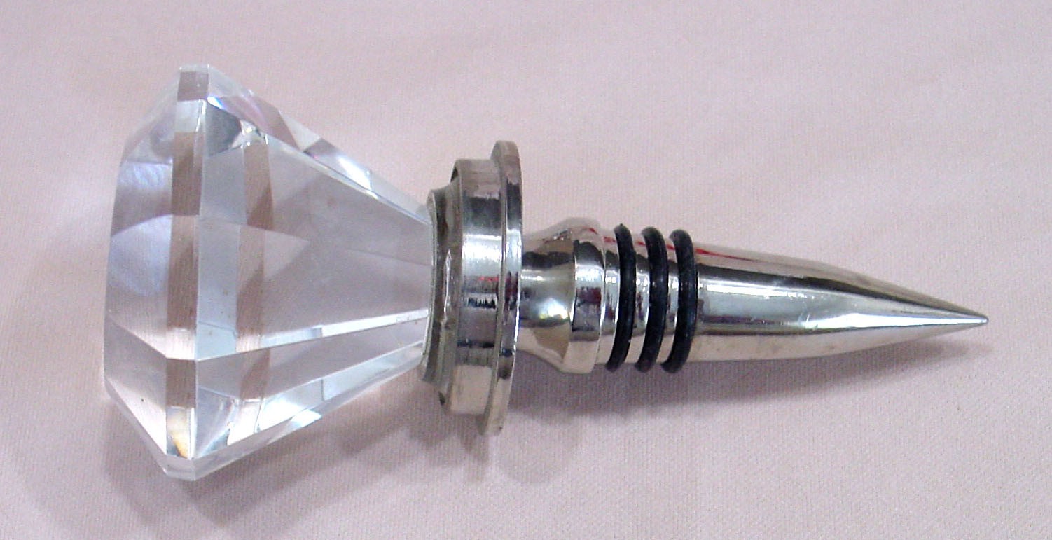 Vintage Large Faceted Crystal Glass Wine Bottle Stopper Silver Tone 4.5”