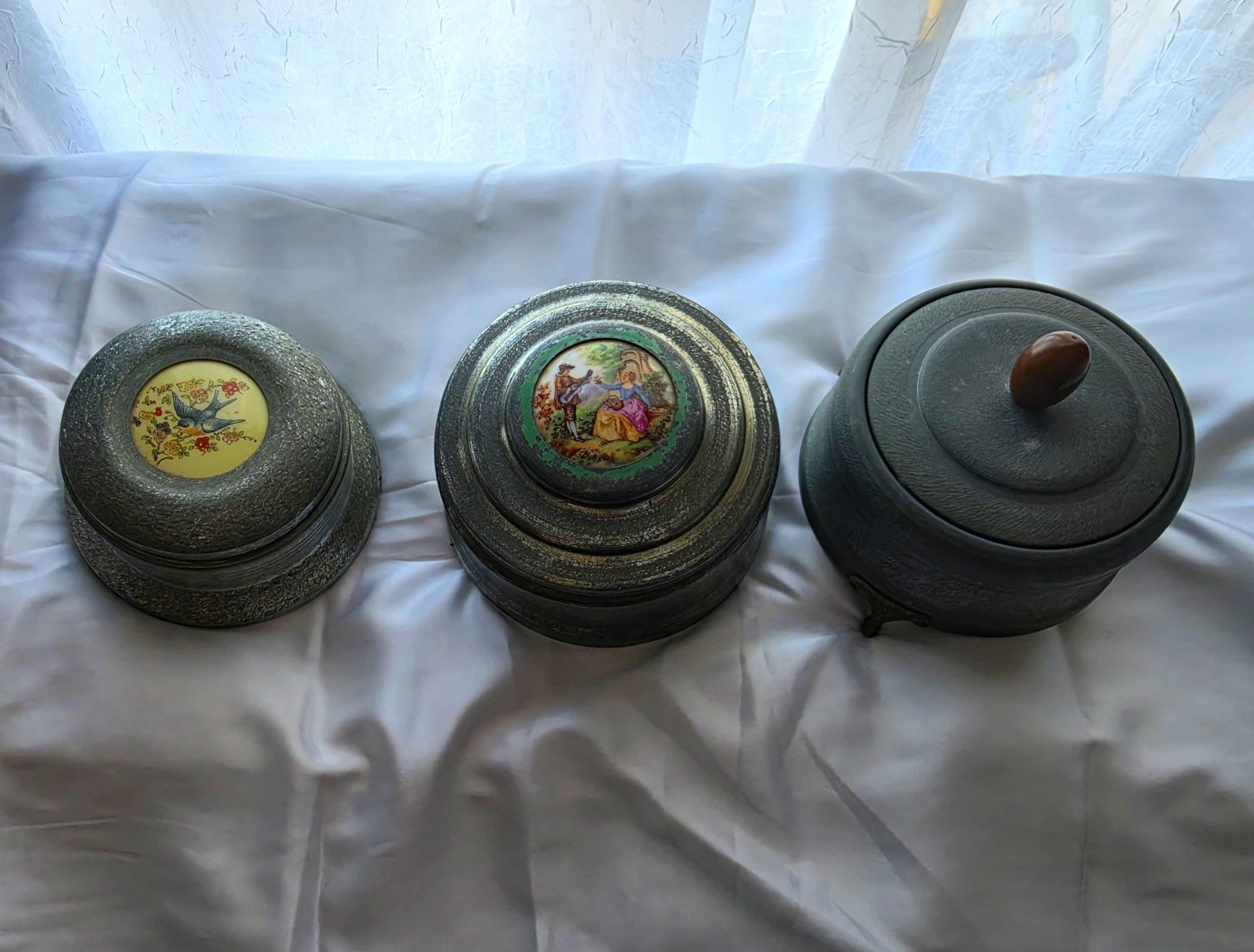 Lot of 3 Vintage Spun Aluminum Musical Powder Boxes – For Parts or Restoration