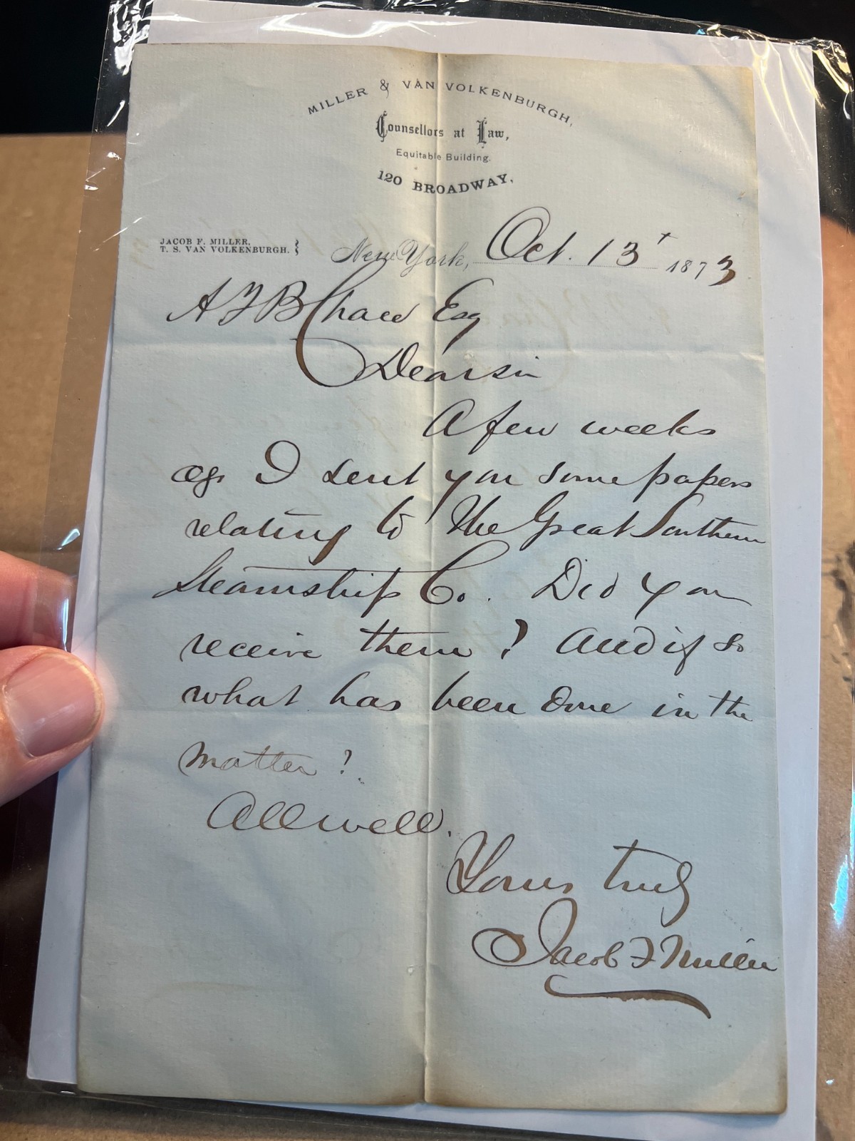 1873 Miller & Van Volkenburgh Equitable Building NY Counsellors Law Handwritten