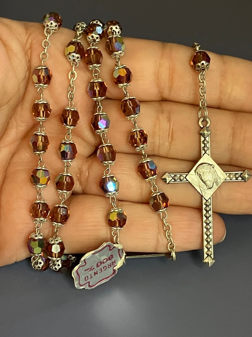 Vintage 800 Silver Rosary Necklace AB Glass Beads LAR Roma