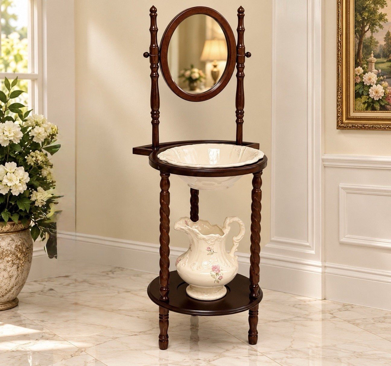 Vintage Victorian Style Washstand with Ceramic Basin & Pitcher – 3-Piece Set