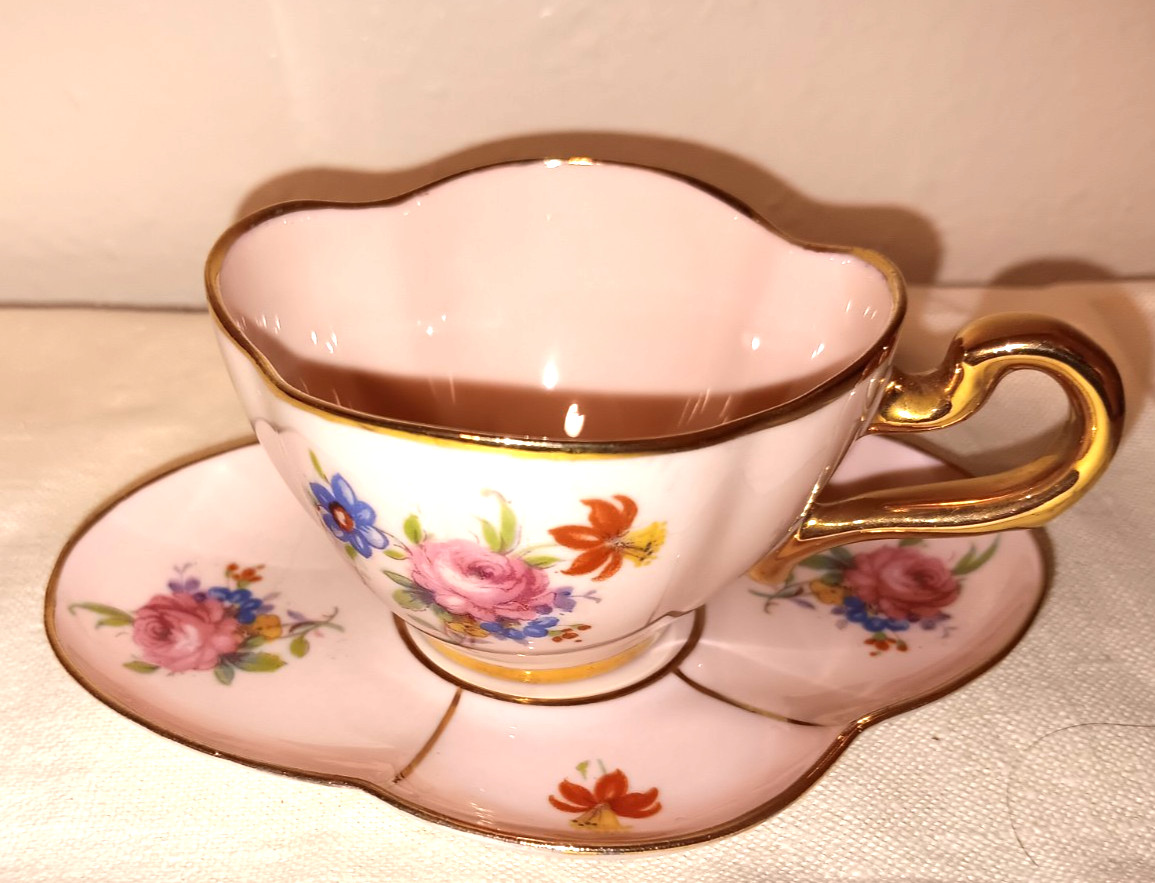 Vintage Leneige Demitasse Cup & Saucer - Floral Pattern Pink
