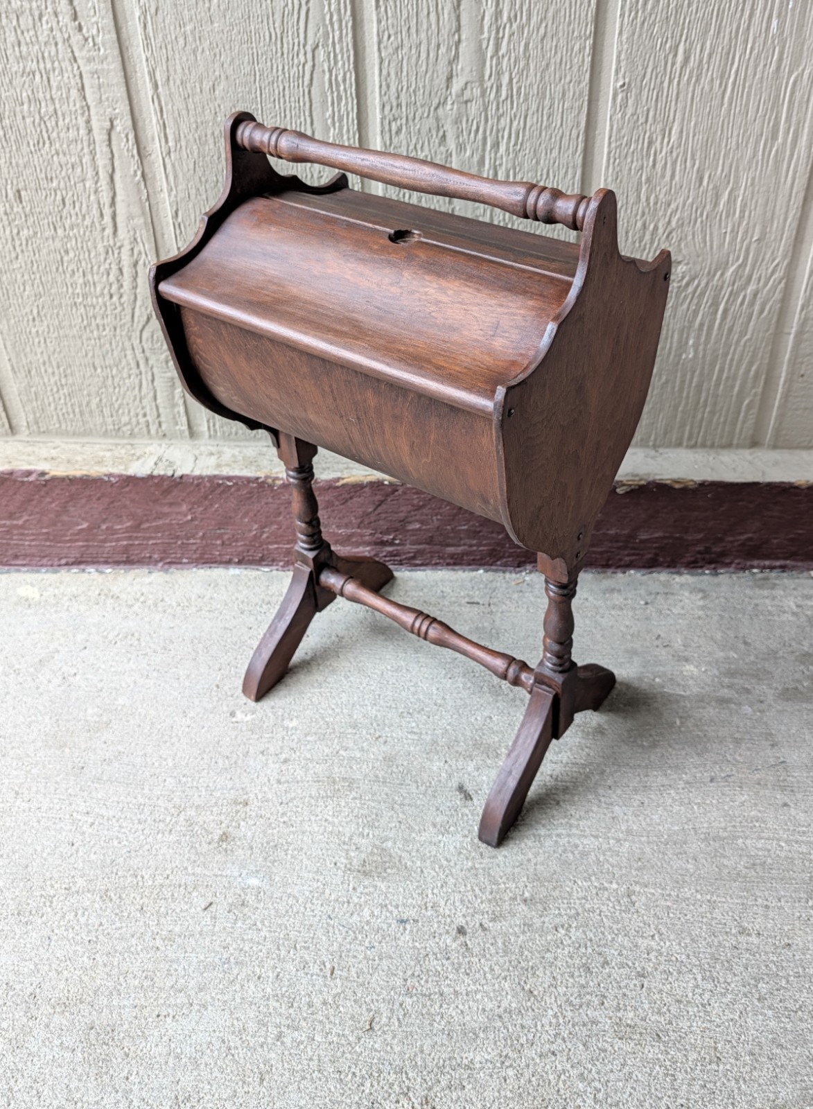 Vintage Priscilla Wood Sewing Box Cabinet Stand Trestle Caddy Knitting Basket F3