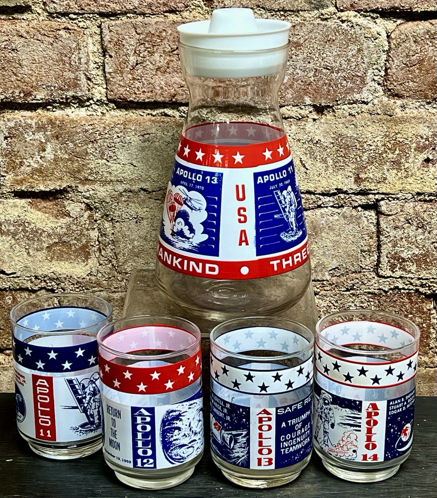 Vintage Marathon NASA Apollo Space Moon Missions 1969 Glass & Carafe Set 11 - 14