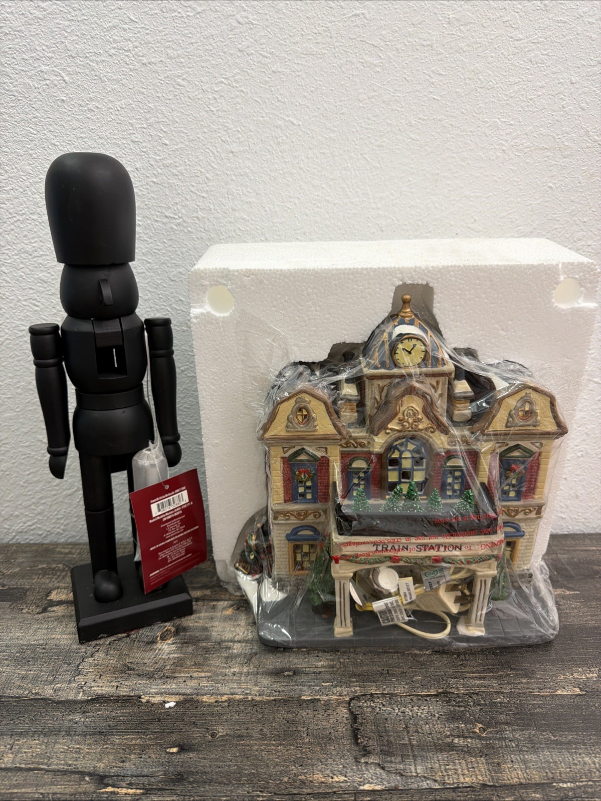 Christmas Lot: Black Wooden Nutcracker & Lighted Train Station House w/ Box