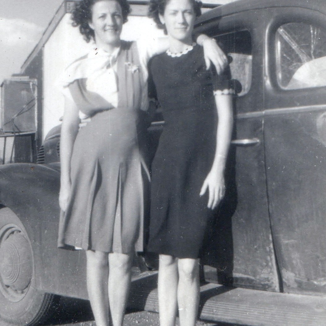 c1940s Two Smiling Women 1940 Coupe Car Snapshot Photo Fashion Dresses Sandals