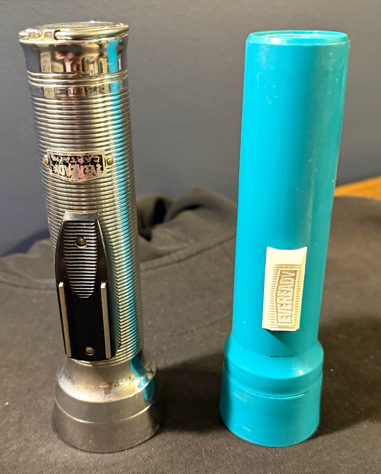 Vintage Eveready Flashlight Lot (2) - Working Chrome Captain Union Carbide & Tea