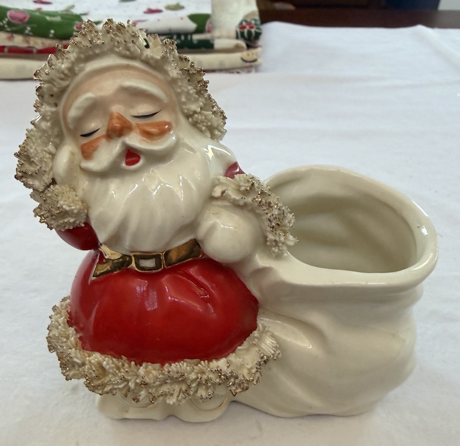 Vintage NAPCO Ruggles Disneyland Calif Santa with Bag Spaghetti Trim Planter