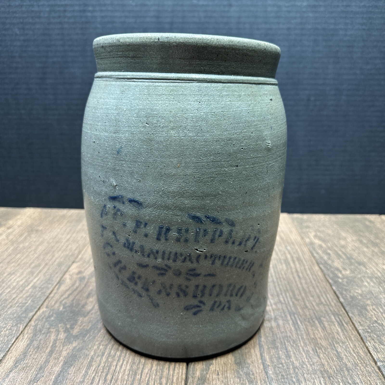 VINTAGE T.F. REPPERT GRAY COBALT BLUE STONEWARE CROCK GREENSBORO PA