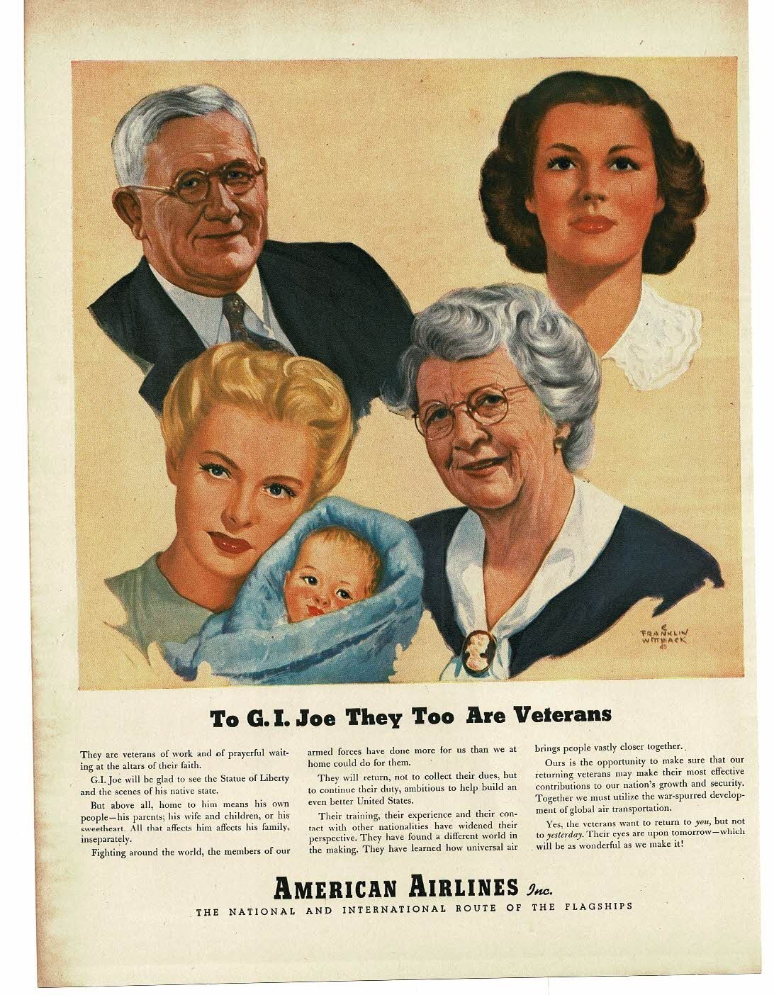 1945 American Airlines Family are vets too art E. Franklin Wittmack Print Ad
