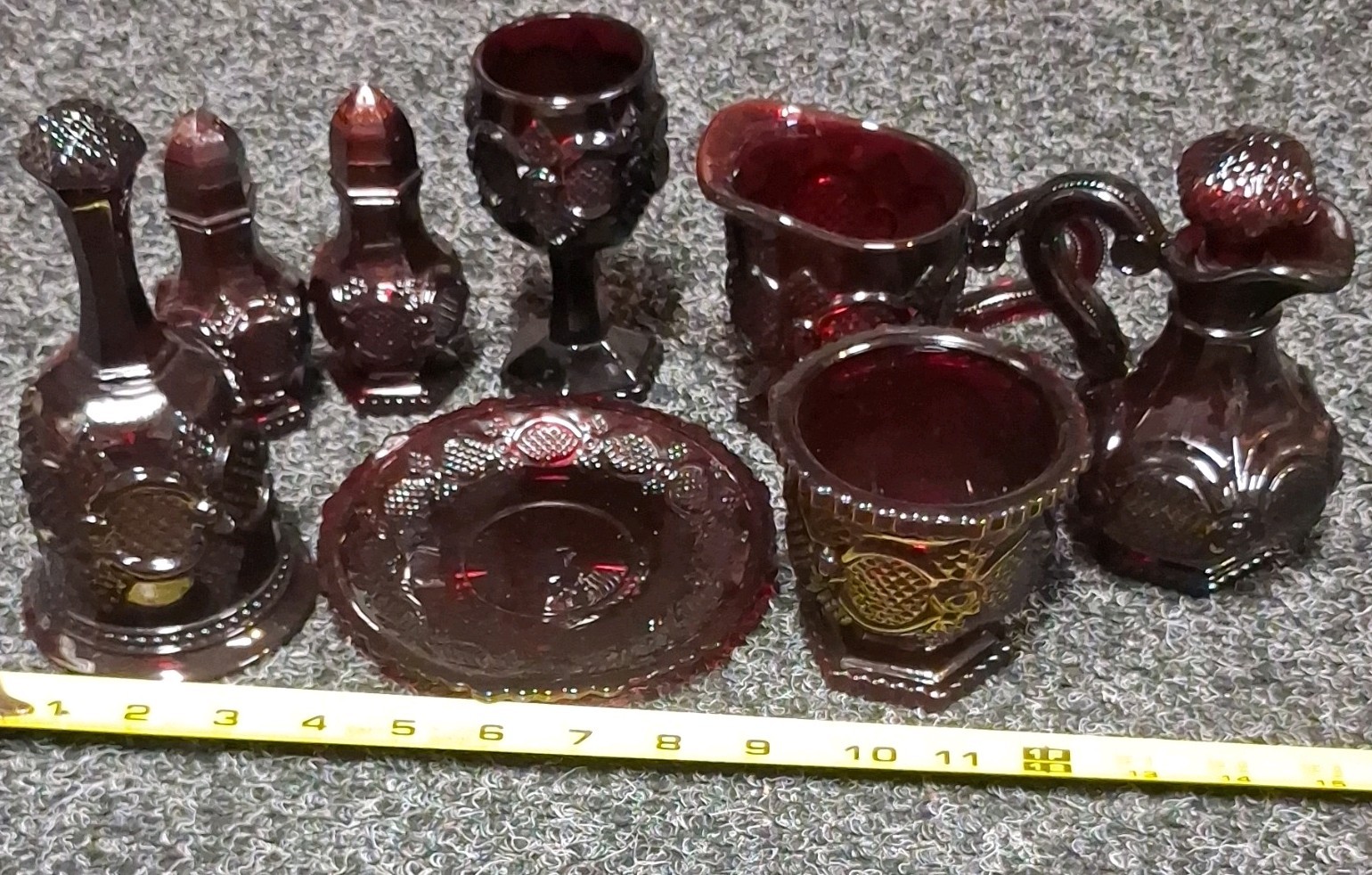 Avon Cape Cod Ruby Red Glass 8 pc Lot Salt Pepper Plate Goblet Bell Cream Sugar