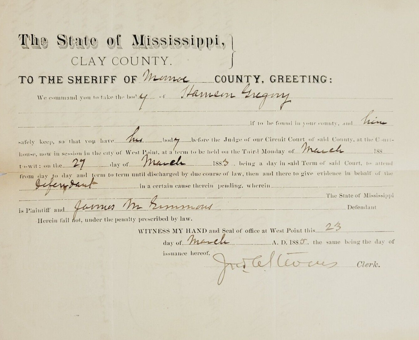 1885 Mississippi Sheriff Document Harrison Gregory Arrest & Bond West Point