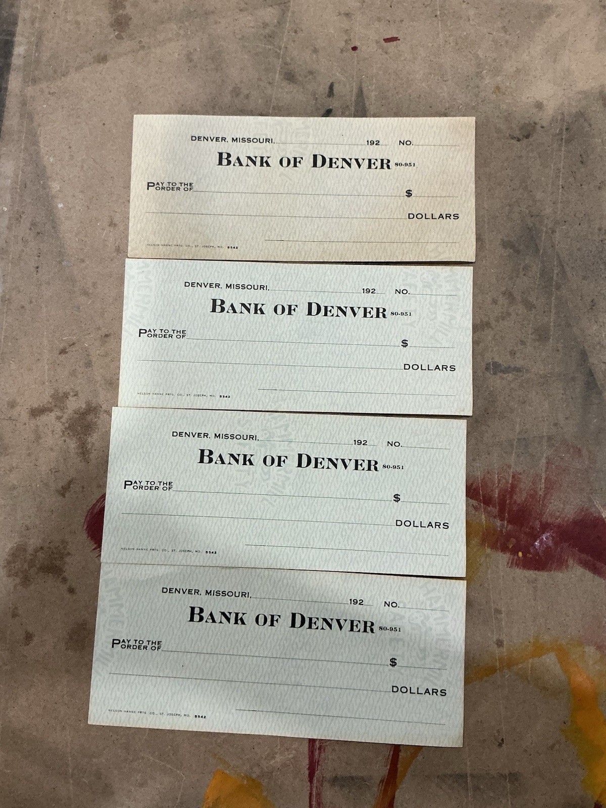 Vintage 1920s Bank of Denver (Denver, Missouri) Unused Blank Checks - Lot of 4 