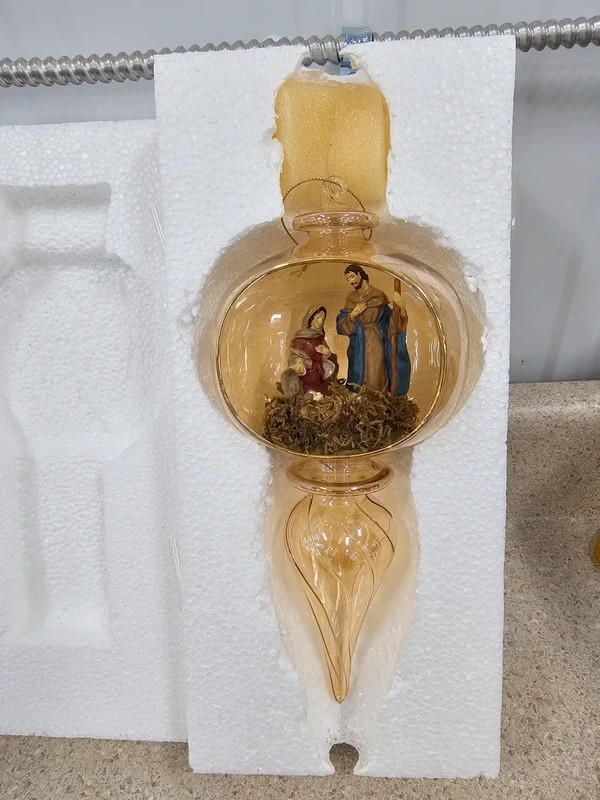 Vintage Extra Large Hand-Blown Amber Glass Nativity Finial Ornament