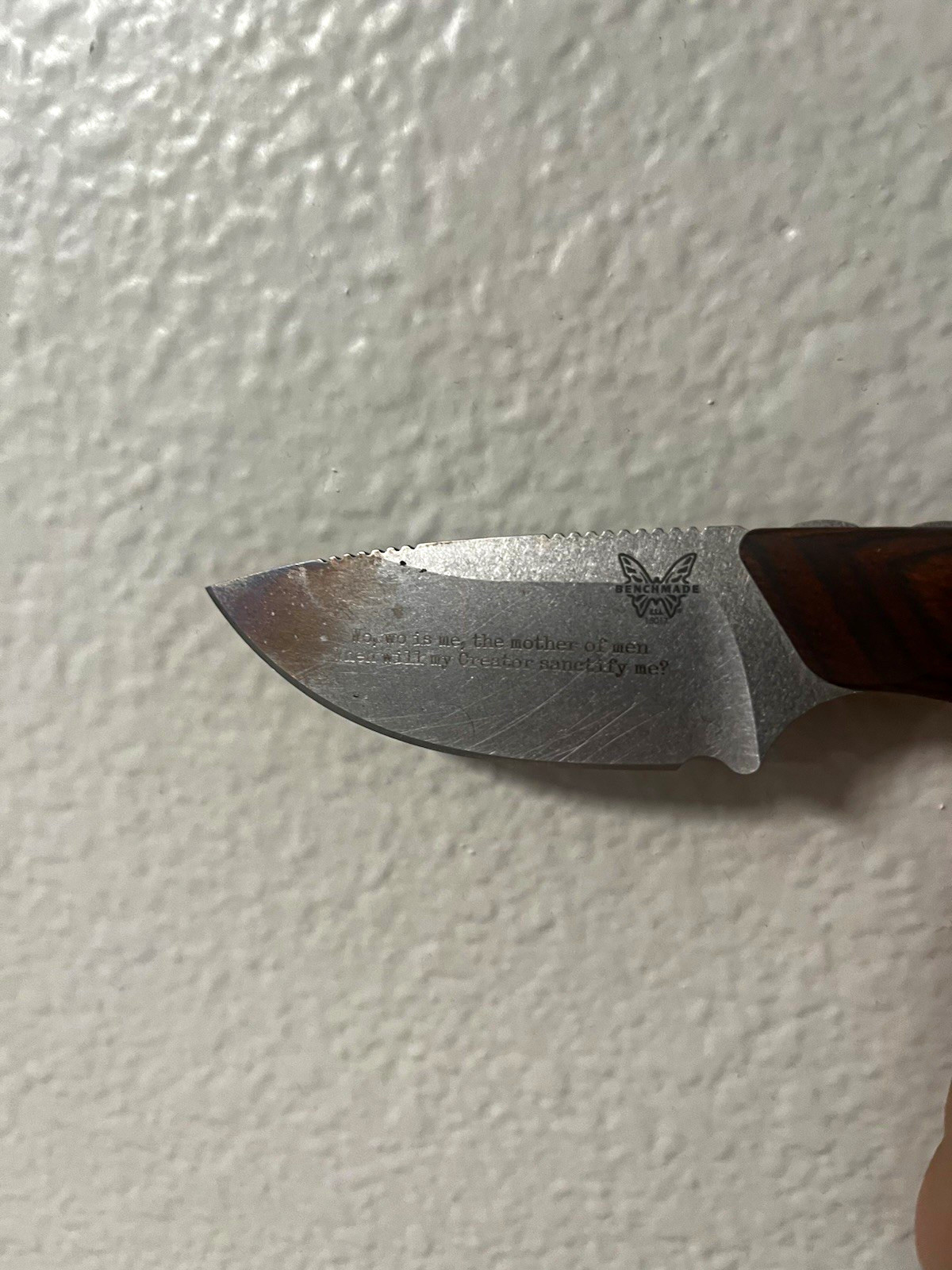Vintage Benchmade Skinner – Wood Handle – Custom Pearl of Great Price Engraving Vintage Benchmade Skinner – Wood Handle – Custom Pearl of Great Price Engraving