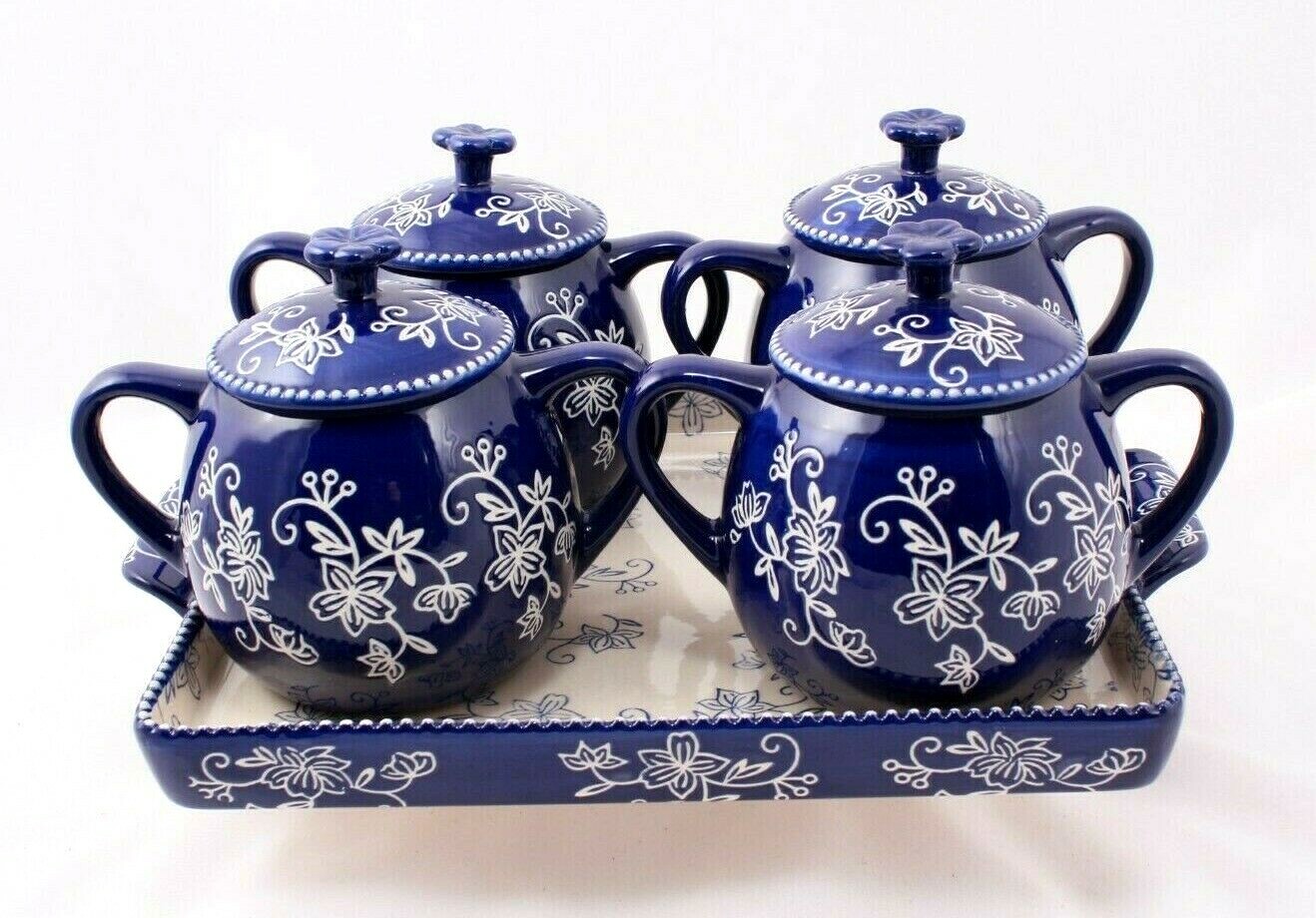 Temptations 2 Handled Covered Soup Bowls and Tray Cobalt Floral Lace 16 Ounces Temptations 2 Handled Covered Soup Bowls and Tray Cobalt Floral Lace 16 Ounces