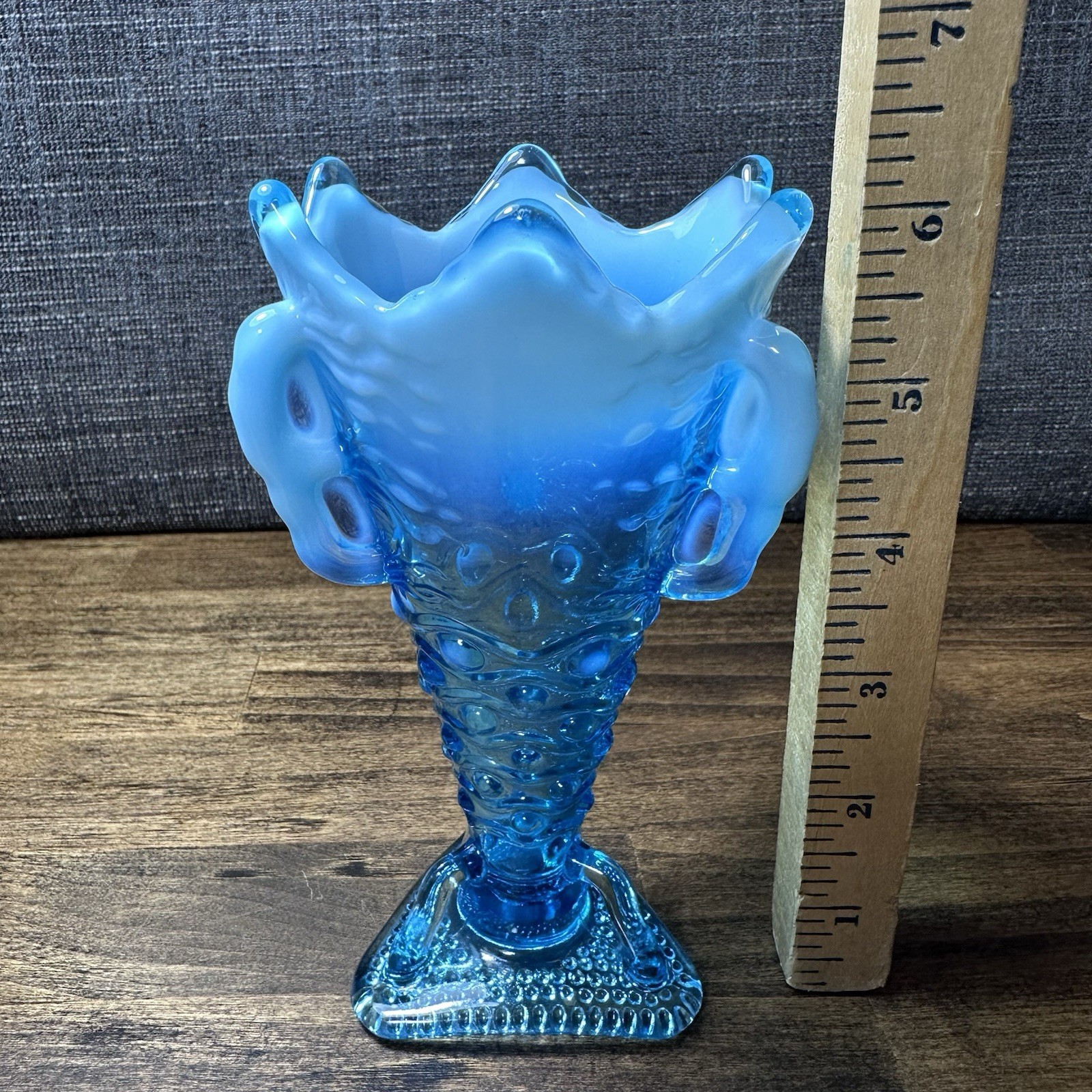 Antique c.1903 Jefferson Glass Aurora Borealis Blue Opalescent Tri-CornerVase 6”